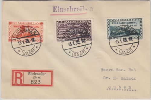 Saargebiet - 75 C. Freimarken/Volksabstimmung u.a. Einschreibebrief Blickweiler