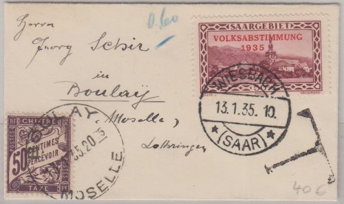 Saargebiet - 50 C. Freimarken/Volksabstimmung Brief n. FRANKREICH Wiesbach 1935