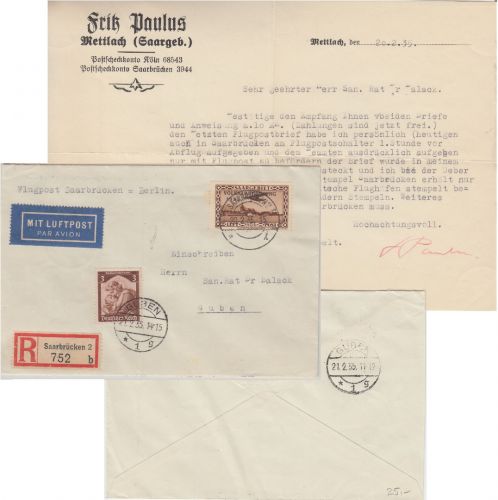 Saargebiet - 5 Fr. Flugpost/Volksabstimmung Lupo-Einschreibebrief 1935