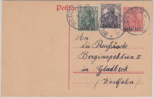 Saargebiet - 10 Pfg.Germania/Überdruck Ganzsache+Zusatz Bildstock - Gladbeck1920
