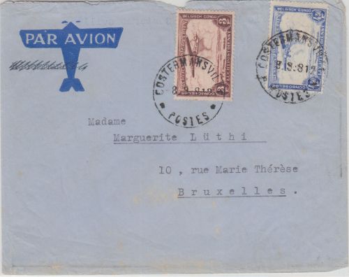 Belgisch Congo - 3+4,50 Fr. Flugpostausgabe Luftpostbrief Costermansville 1938