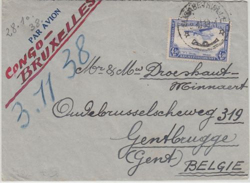 Belgisch Congo - 4,50 Fr. Flugpostausgabe Luftpostbrief Elisabethville 1938
