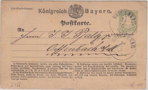 Bayern - Brückenau 14/5 K1 2 Kr. Ganzsache n. Offenbach a/M. 1874