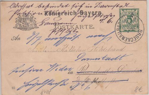 Bayern - Brückenau Bad 1. JUL 93 K1 Ganzsache n. Pfungstadt Irrläufer