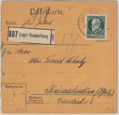 Bayern - 60 Pfg. Ludwig Paketkarte Hammelburg - Kaiserslautern 1916