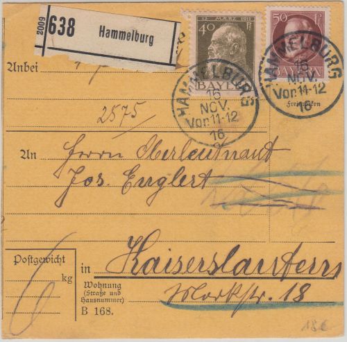 Bayern - 50+40 Pfg. Ludwig/Luitpold Paketkarte Hammelburg - Kaiserslautern 1916
