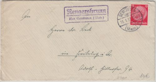 DR - Rengersbrunn ü. Gemünden Landpost-Ra2 Brief n. Freiburg 1939