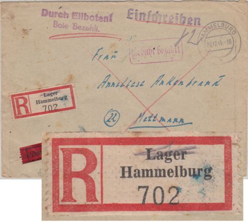 All.Bes. - Hammelburg 20.12.45 Gebühr bezahlt Ra1Eilboten-Einschreibebrief