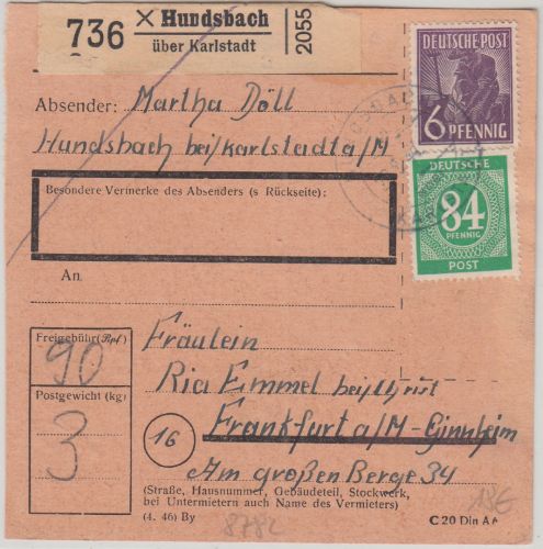 All.Bes./Kontrollrat - Hundsbach ü. Karlstadt Pst.I Paketkarte n. FFM 1947