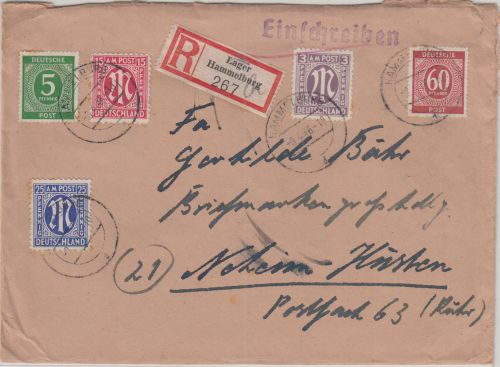 All.Bes./AM-Post - Hammelburg 1946 Mischfrankatur Einschreibebrief n. Neheim
