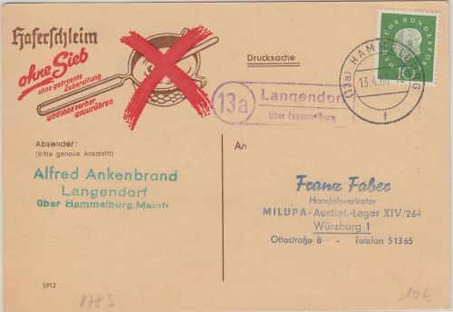 BRD - (13a) Langendorf ü. Hammelburg Landpost-Ra2 Karte n. Würzburg 1960