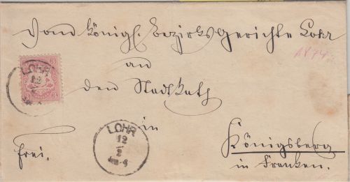 Bayern - 3 Kr. Wappen gez. Brief K1 Lohr 12/2 n. Königsberg 1874