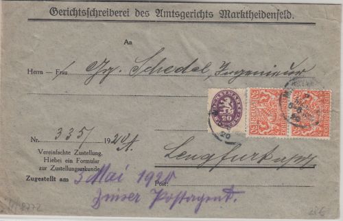 Bayern - 20 Pfg. Abschied +2x30 Pfg. Staatswappen Zustellurkunde Marktheidenfeld