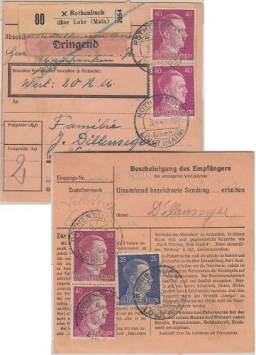 DR - Rothenbuch ü. Lohr Poststelle I Dringend-Wertpaketkarte n. Kolmar 1944