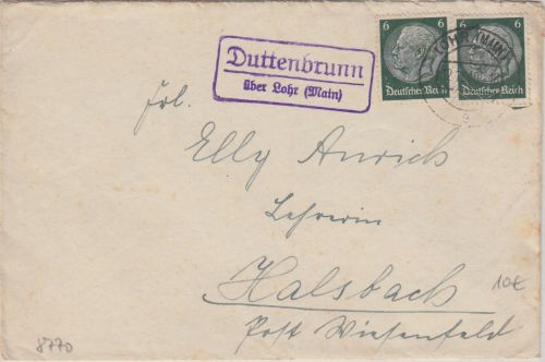 DR - Duttenbrunn ü. Lohr Landpost-Ra2 Brief n. Halsbach 1940