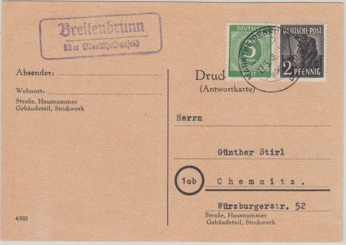 All.Bes. - Breitenbrunn ü. Marktheidenfeld Landpost-Ra2 Karte n. Chemnitz 1948
