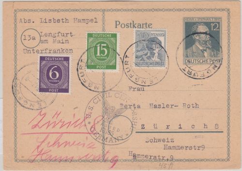 All.Bes. - 12 Pfg. Stephan Ganzsache+Zusatz i.d. SCHWEIZ Lengfurt - Zürich 1947