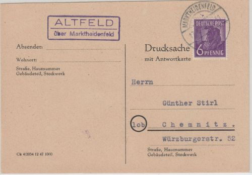 All.Bes. - Altfeld ü. Marktheidenfeld Landpost-Ra2 Karte n. Chemnitz 1948