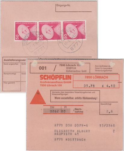 BRD - 3x50 Pfg. I&T Aushändigungsgebühr Nachnahme-Paketkarte Lörrach - Lohr 1978