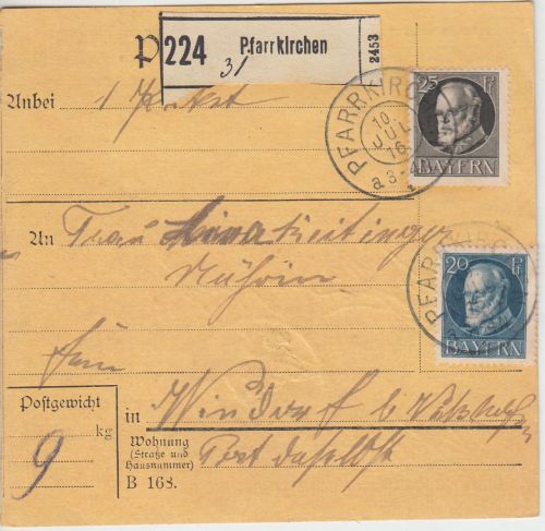 Bayern - 25+20 Pfg. Ludwig Paketkarte Pfarrkirchen - Windorf 1916