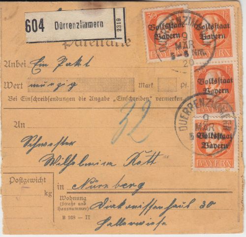 Bayern - 4x30 Pfg. Ludwig/Volksstaat u.a. Wertpaketkarte Dürrenzimmern 1920