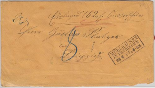Preussen - Mühlhausen in Thüringen 1867 Ra3 Wertbrief n. Leipzig
