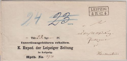 Sachsen - Leipzig 4. IV. 62 Ra2 Nachnahmebrief (Vordruck !) d. Leipziger Zeitung