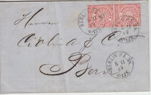 NDP - 2x1 Gr. gez. Brief i.d. SCHWEIZ K1 Berlin PE38 - Bern 1869