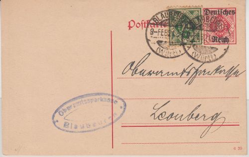 DR/Württemberg - Mischfrankatur Ganzsache+Zusatz Blaubeuren - Leonberg 1921