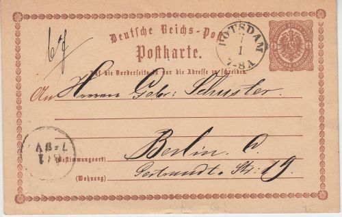 DR - Potsdam 7/1 Fingerhut-K1 1/2 Gr. Brustschild Ganzsache n. Berlin 1875
