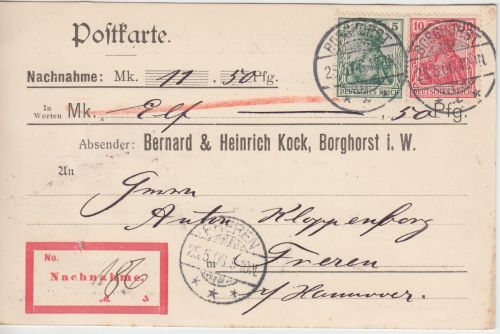 DR - 5+10 Pfg. Germania Nachnahmekarte Borghorst - Treren 1906