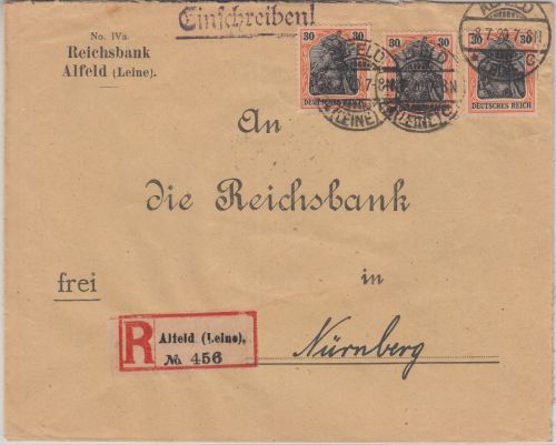 DR - 3x30 Pfg. Germania Einschreibebrief Alfeld - Nürnberg 1920