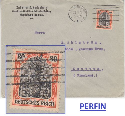 DR - 30 Pfg. Germania Perfin "SBMB" Firmenbrief n. FINNLAND Magdeburg 1919