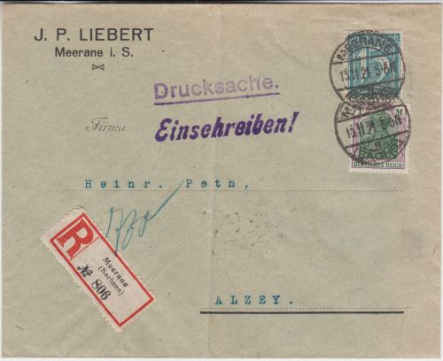 DR-Infla - 1 M. Germania u.a. Einschreibe-Drucksache Meerane - Alzey 15.11.21