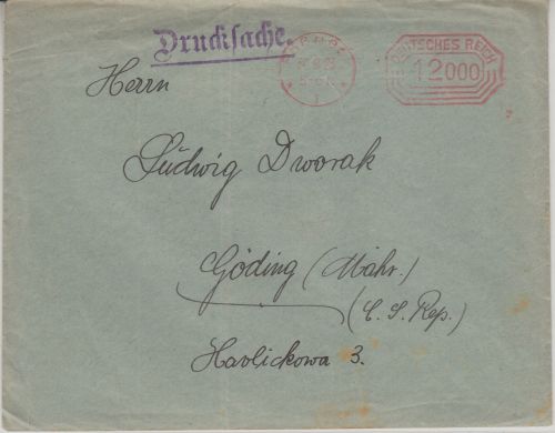 DR-Infla - 12.000 M. Postfreistempel Drucksache n TSCHECHIEN Pößneck 30.8.23