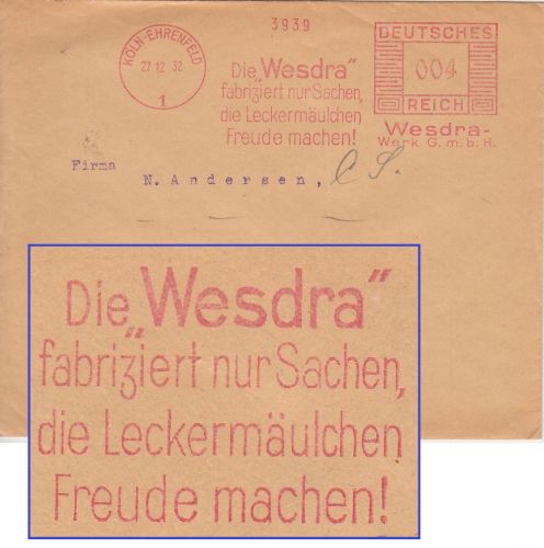 DR - Köln-Ehrenfeld 1930 4 Pfg, AFS "Wesdra" Drucksache n. Flensburg