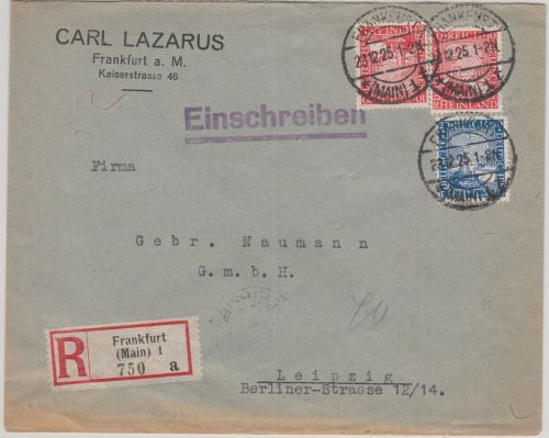 DR - 2x10+20 Pfg. Rheinland Einschreibebrief Frankfurt a/M - Leipzig 1925