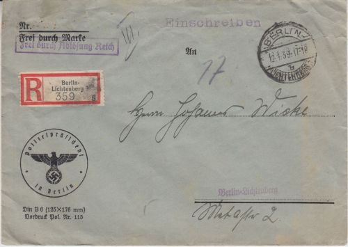 DR - Berlin-Lichtenberg 1939 Frei d. Ablösung Orts-R-Brief Polizeipräsident