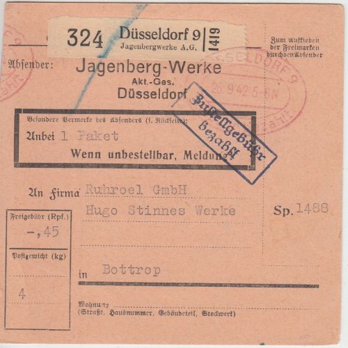 DR - Düsseldorf 9 1942 Gebühr bezahlt Paketkarte Selbstbucher Jagenberg-Werke