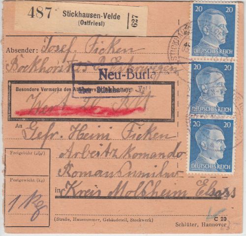 DR - Neu-Burlage ü. Stickhausen-Velde Landpost-Ra2 Wertpaketkarte 1944