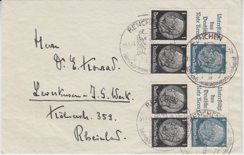 DR - Hindenburg Zusammendruckkombi Mehrfachfrankatur Brief Renchen 1941