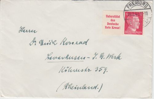 DR - 12 Pfg. AH+Werbung Zusammendruck Brief Freiburg - Leverkusen 1942