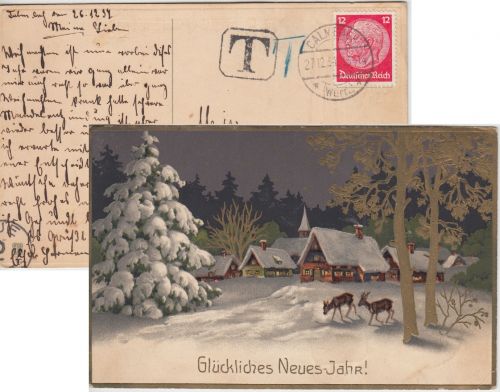 DR - 12 Pfg Hindenburg Weihnachtskarte n. USA Kalmbach 1934 Nachporto