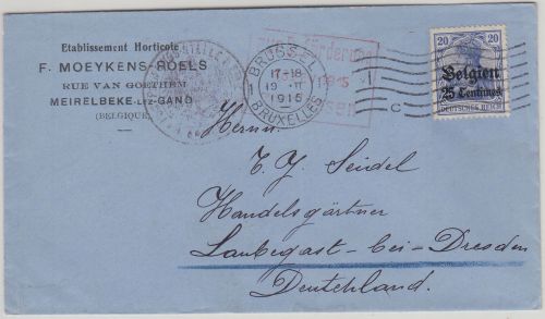 LP Belgien - 25 C./20 Pfg. Germania Firmenbrief Brüssel - Laubegast 1915 Zensur