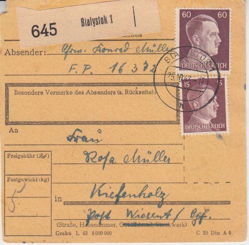 DR - 60+15 Pfg. AH Paketkarte Bialystok Fp.Nr. 16372 - 25.10.43