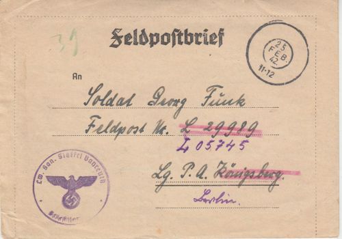 DR - Bayreuth 1942 stummer K2 Feldpostbrief an Fp.Nr. L29989/05745 Weiterleitung