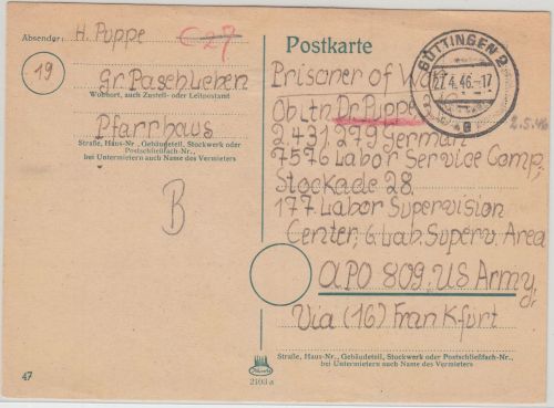 All.Bes. Göttingen 2 (Gr. Paschleben SBZ !) 27.4.46 Kriegsgefangenenkarte n. USA
