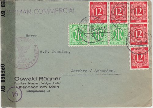 All.Bes. - 5x12 Pfg. Ziffer u.a. Zensurbrief n. SCHWEDEN Offenbach a/M. -1.6.46