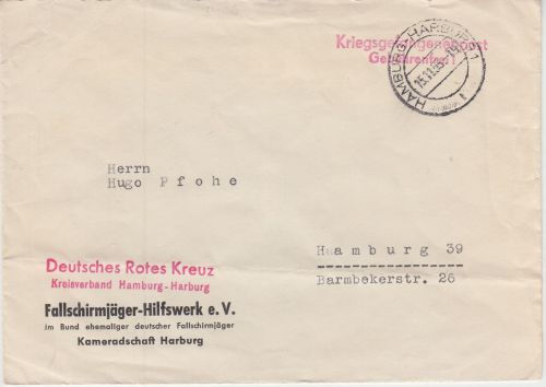 BRD - Hamburg-Harburg 1953 portofr. Kriegsgefangenenpost Ortsbrief Rotes Kreuz