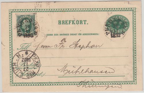 Schweden - Bahnpost PKXP No.2 C.UTA 5 Ö. Ganzsache+Zusatz Stockholm 1892
